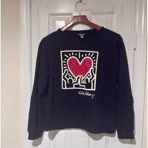 Keith Haring Heart Graphic Sweatshirt Women's Medium Black Pop Art Crewneck